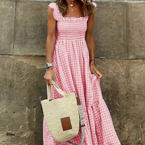Dresses & Skirts - Multicolor Boho Women's Elegant Houndstooth Print Dress With Spaghetti Straps